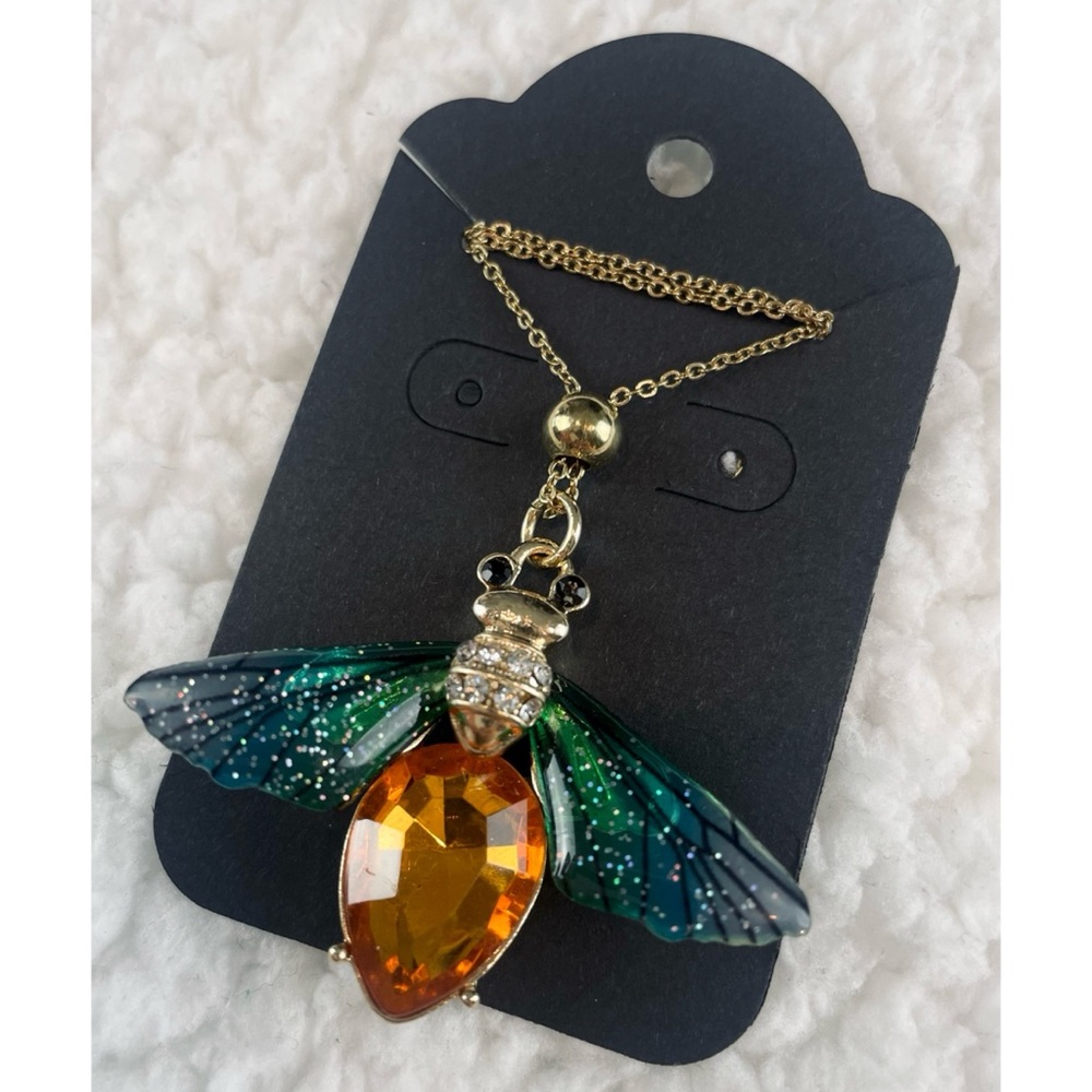 (NWOT) Blue/Green/Orange/Gold Firefly Necklace w/ Matching Drop Earrings - Picture 8 of 16